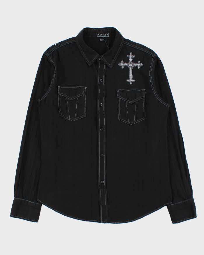Vintage Y2K 00s Pop Icon Embroidered Striped Contrast Stitch Gothic Long Sleeve Shirt - L