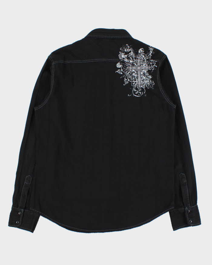 Vintage Y2K 00s Pop Icon Embroidered Striped Contrast Stitch Gothic Long Sleeve Shirt - L