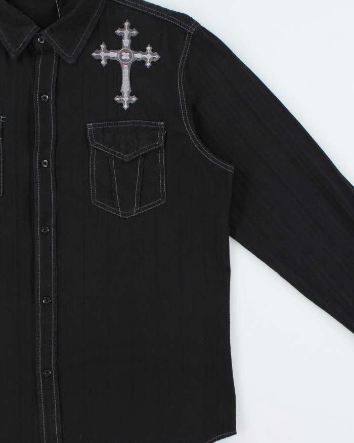 Vintage Y2K 00s Pop Icon Embroidered Striped Contrast Stitch Gothic Long Sleeve Shirt - L