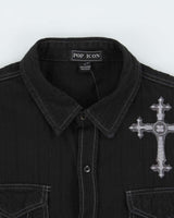 Vintage Y2K 00s Pop Icon Embroidered Striped Contrast Stitch Gothic Long Sleeve Shirt - L