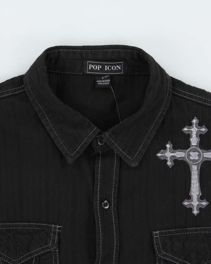 Vintage Y2K 00s Pop Icon Embroidered Striped Contrast Stitch Gothic Long Sleeve Shirt - L