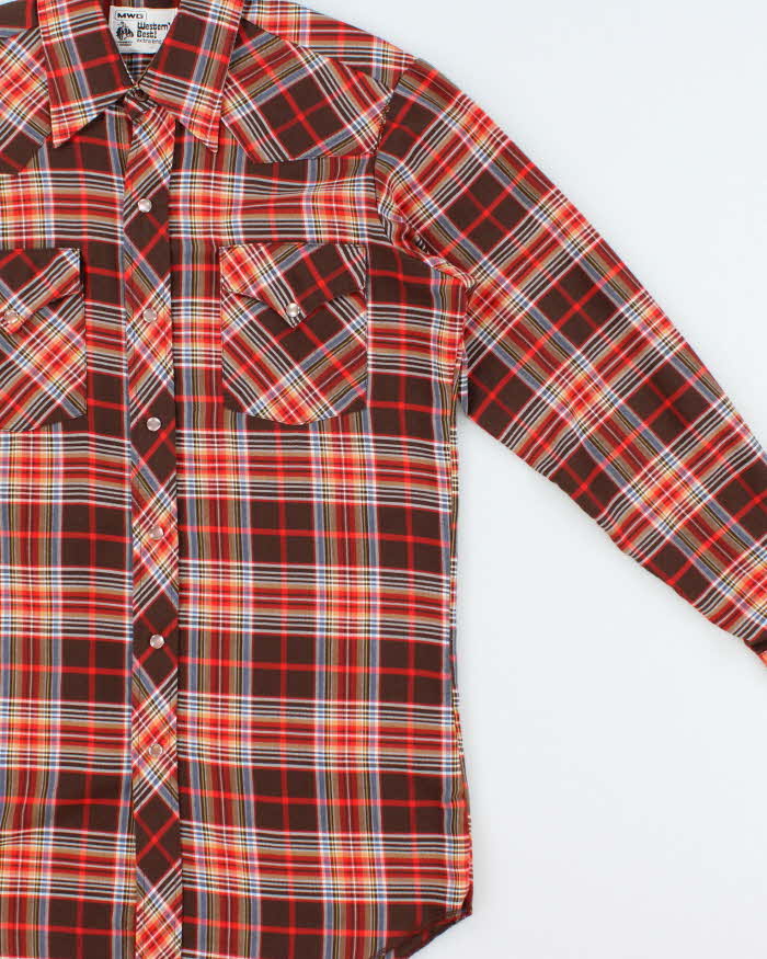 Vintage 1970s MWG Plaid Pearl Snap Button Made In Canada Extra Long Tail Long Sleeve Western Shirt - M