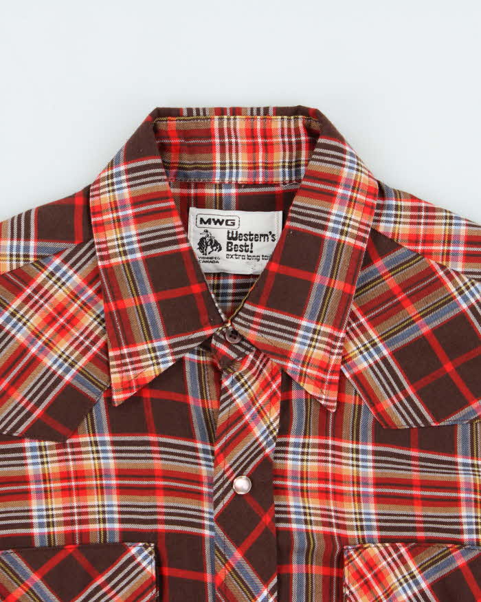 Vintage 1970s MWG Plaid Pearl Snap Button Made In Canada Extra Long Tail Long Sleeve Western Shirt - M
