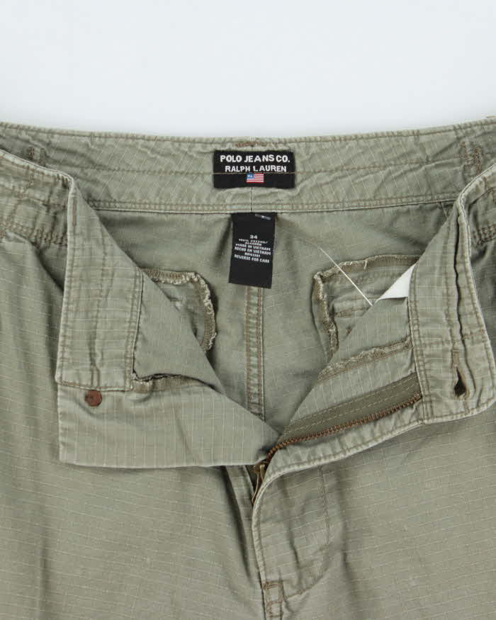 Vintage Y2K 00s Polo Jeans Ralph Lauren Khaki Grid Military Surplus Relaxed Fit Baggy Cargo Shorts - W34