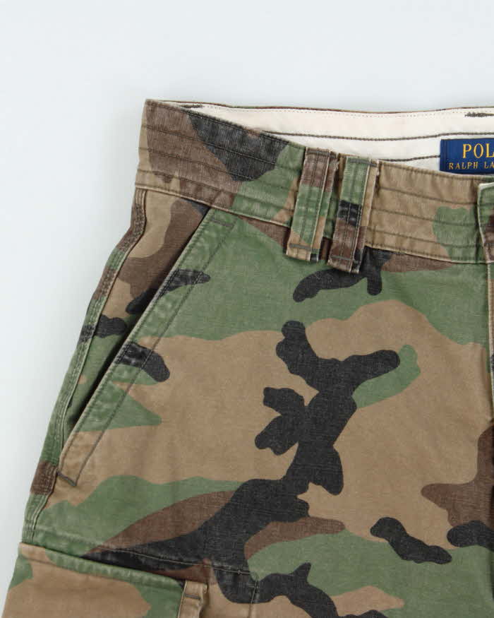 Vintage Polo Ralph Lauren Woodland Camo Classic Chino Canvas Relaxed Fit Wide Leg Cargo Shorts - W32