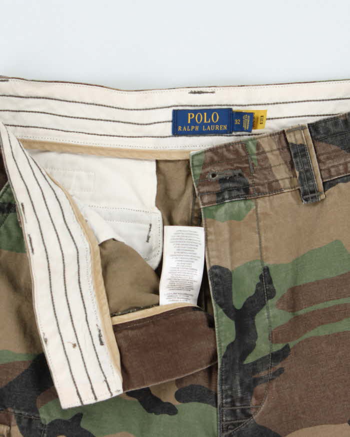Vintage Polo Ralph Lauren Woodland Camo Classic Chino Canvas Relaxed Fit Wide Leg Cargo Shorts - W32
