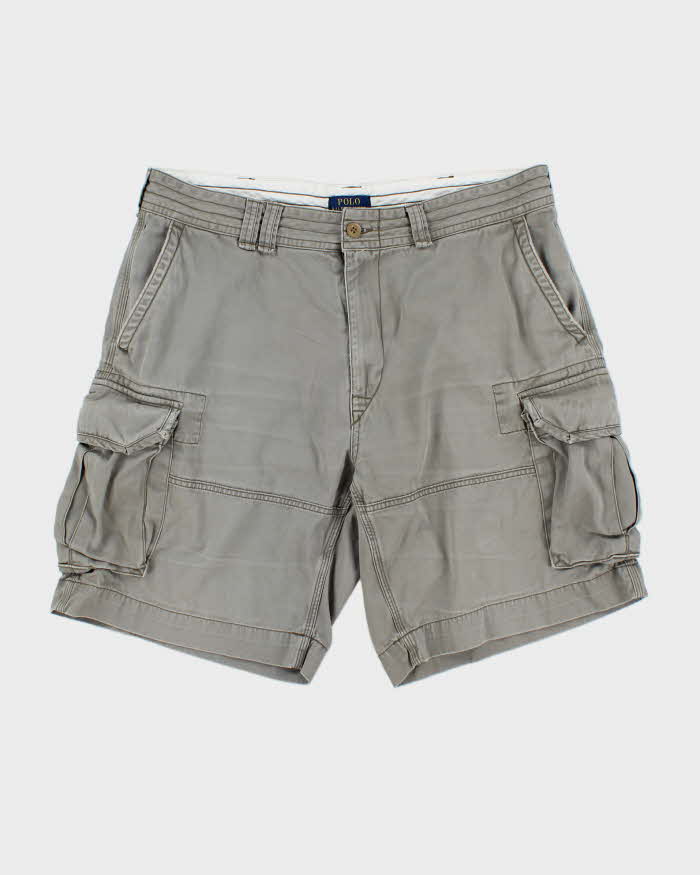 Vintage Polo Ralph Lauren Khaki Classic Chino Canvas Relaxed Fit Wide Leg Cargo Shorts - W38