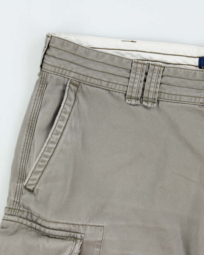 Vintage Polo Ralph Lauren Khaki Classic Chino Canvas Relaxed Fit Wide Leg Cargo Shorts - W38