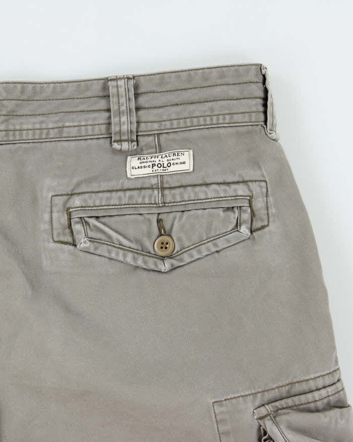 Vintage Polo Ralph Lauren Khaki Classic Chino Canvas Relaxed Fit Wide Leg Cargo Shorts - W38