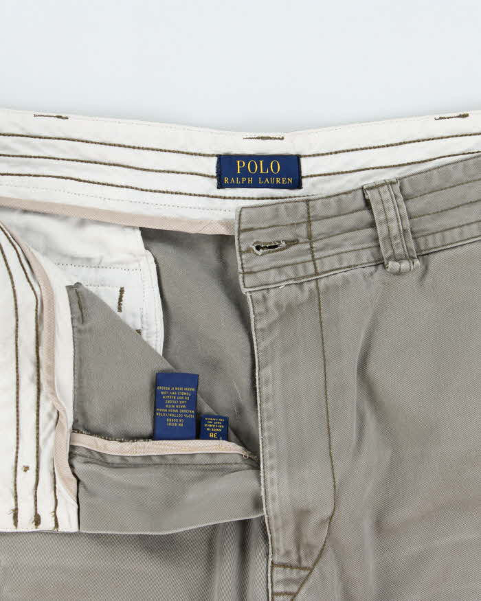 Vintage Polo Ralph Lauren Khaki Classic Chino Canvas Relaxed Fit Wide Leg Cargo Shorts - W38