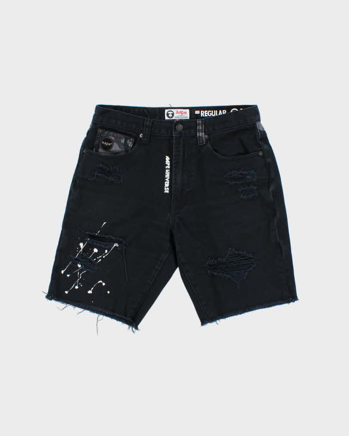 Vintage Aape By A Bathing Ape Distressed Embroidered Camo Straight Leg Denim Shorts - W30