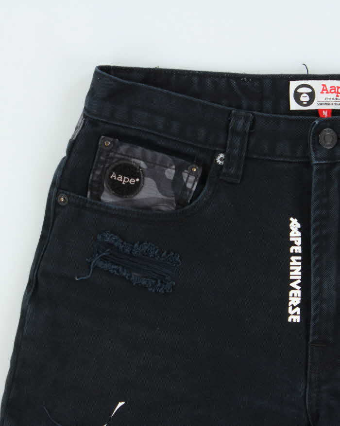 Vintage Aape By A Bathing Ape Distressed Embroidered Camo Straight Leg Denim Shorts - W30