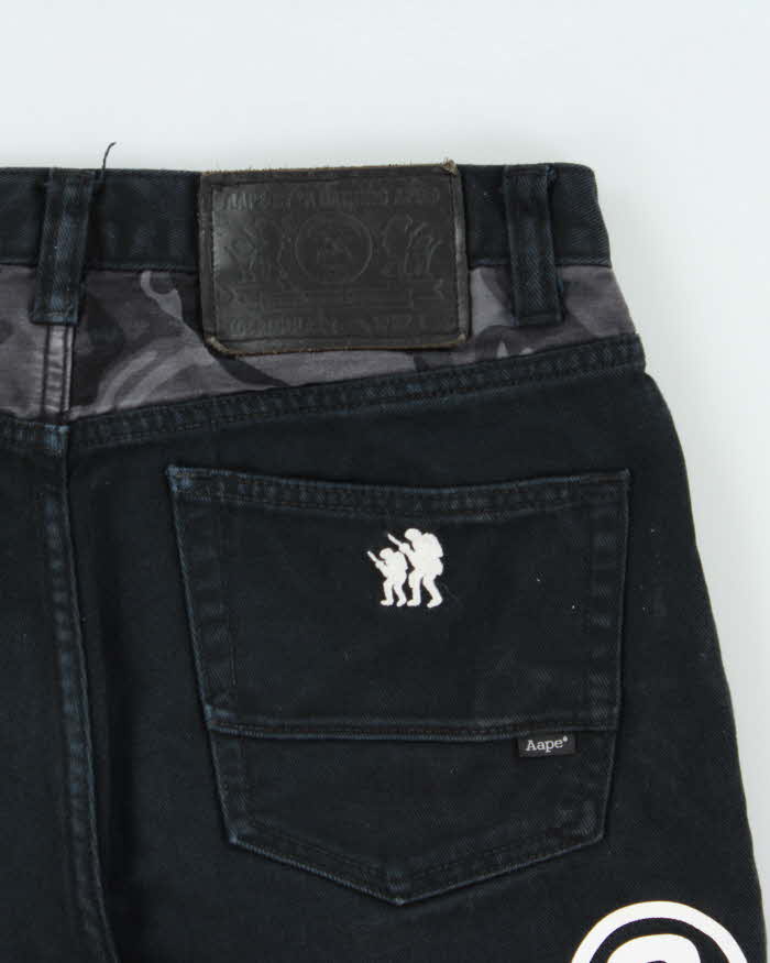 Vintage Aape By A Bathing Ape Distressed Embroidered Camo Straight Leg Denim Shorts - W30