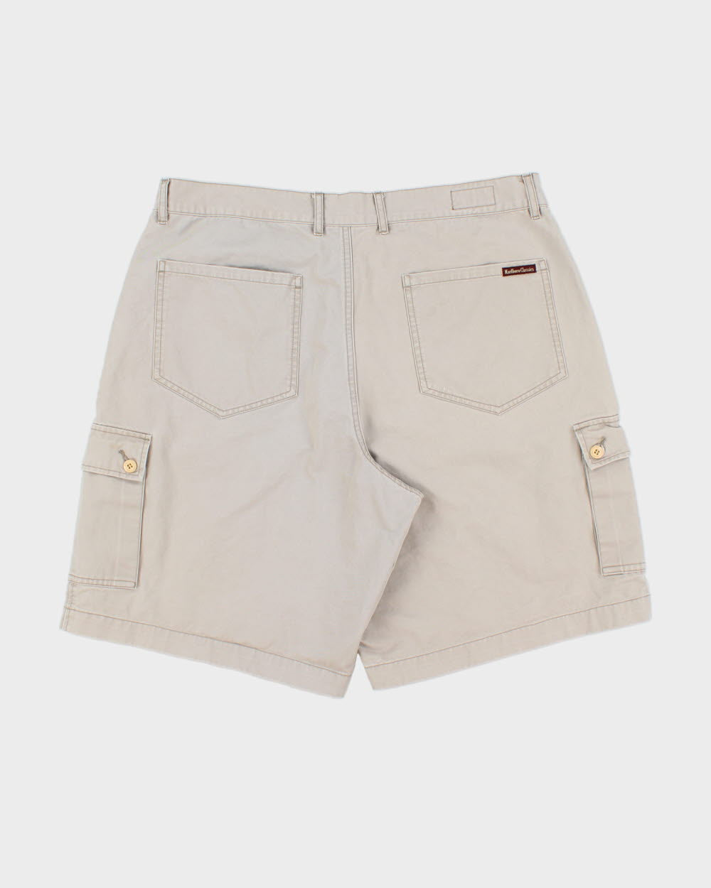 Vintage 1990s Malboro Classic Desert Khaki Canvas Patch Pocket Relaxed Fit Wide Leg Utility Shorts - W36