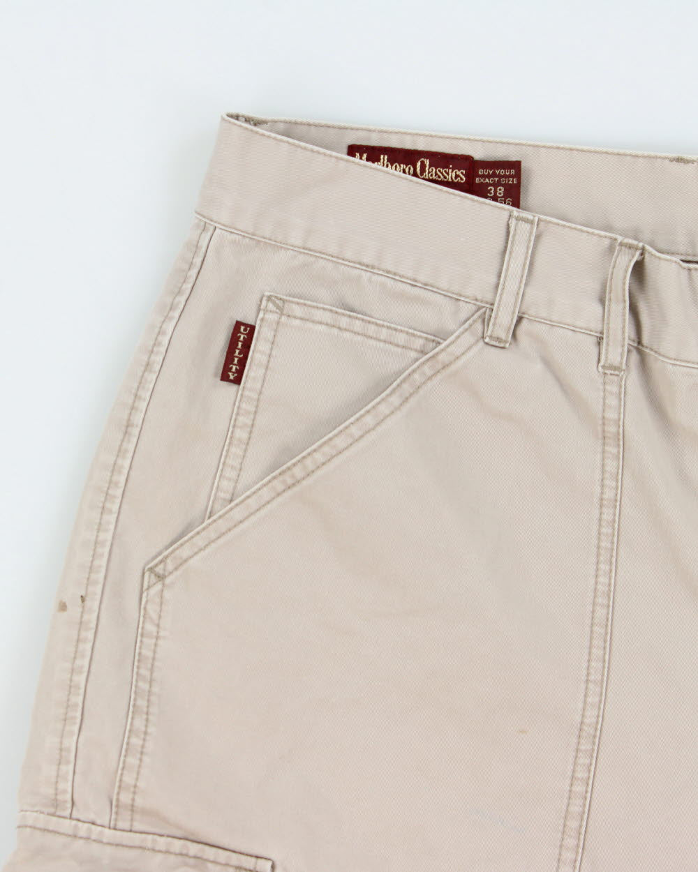 Vintage 1990s Malboro Classic Desert Khaki Canvas Patch Pocket Relaxed Fit Wide Leg Utility Shorts - W36