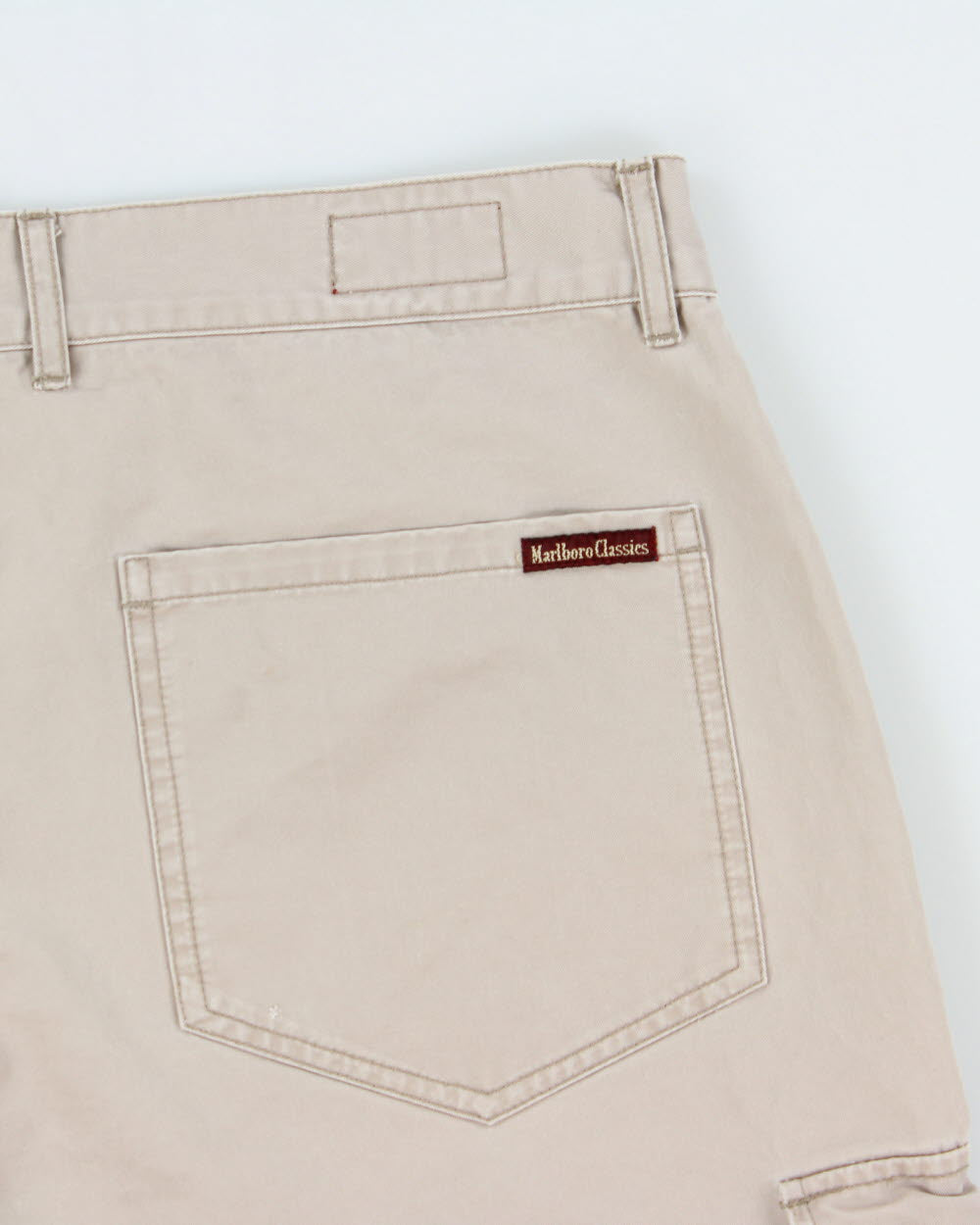 Vintage 1990s Malboro Classic Desert Khaki Canvas Patch Pocket Relaxed Fit Wide Leg Utility Shorts - W36