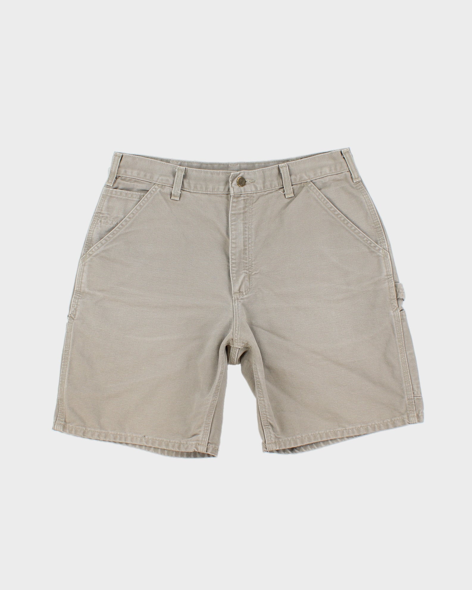 Vintage 2002 Carhartt Desert Khaki Duck Canvas Leather Patch Relaxed Fit Wide Leg Carpenter Shorts - W34