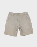 Vintage 2002 Carhartt Desert Khaki Duck Canvas Leather Patch Relaxed Fit Wide Leg Carpenter Shorts - W34