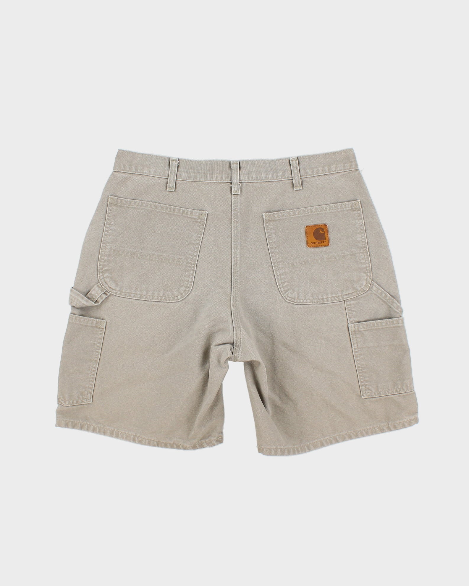 Vintage 2002 Carhartt Desert Khaki Duck Canvas Leather Patch Relaxed Fit Wide Leg Carpenter Shorts - W34