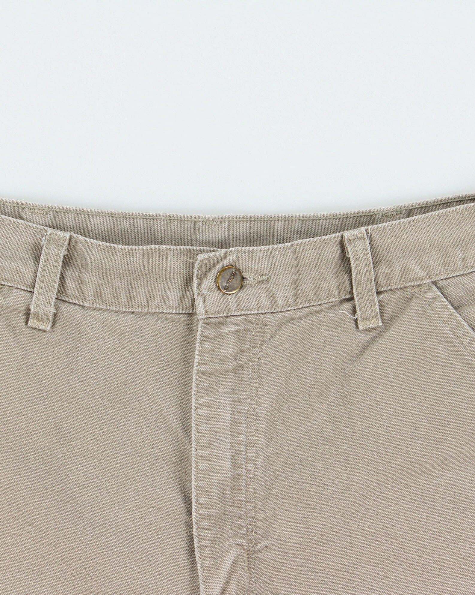 Vintage 2002 Carhartt Desert Khaki Duck Canvas Leather Patch Relaxed Fit Wide Leg Carpenter Shorts - W34