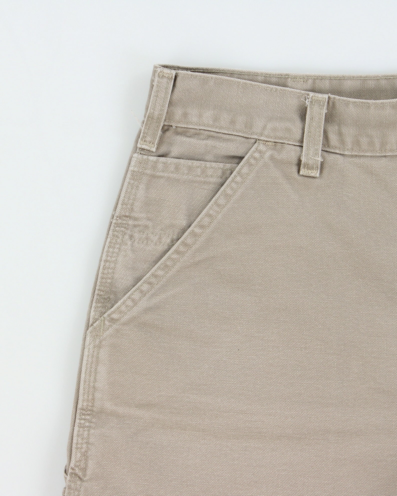 Vintage 2002 Carhartt Desert Khaki Duck Canvas Leather Patch Relaxed Fit Wide Leg Carpenter Shorts - W34