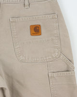Vintage 2002 Carhartt Desert Khaki Duck Canvas Leather Patch Relaxed Fit Wide Leg Carpenter Shorts - W34