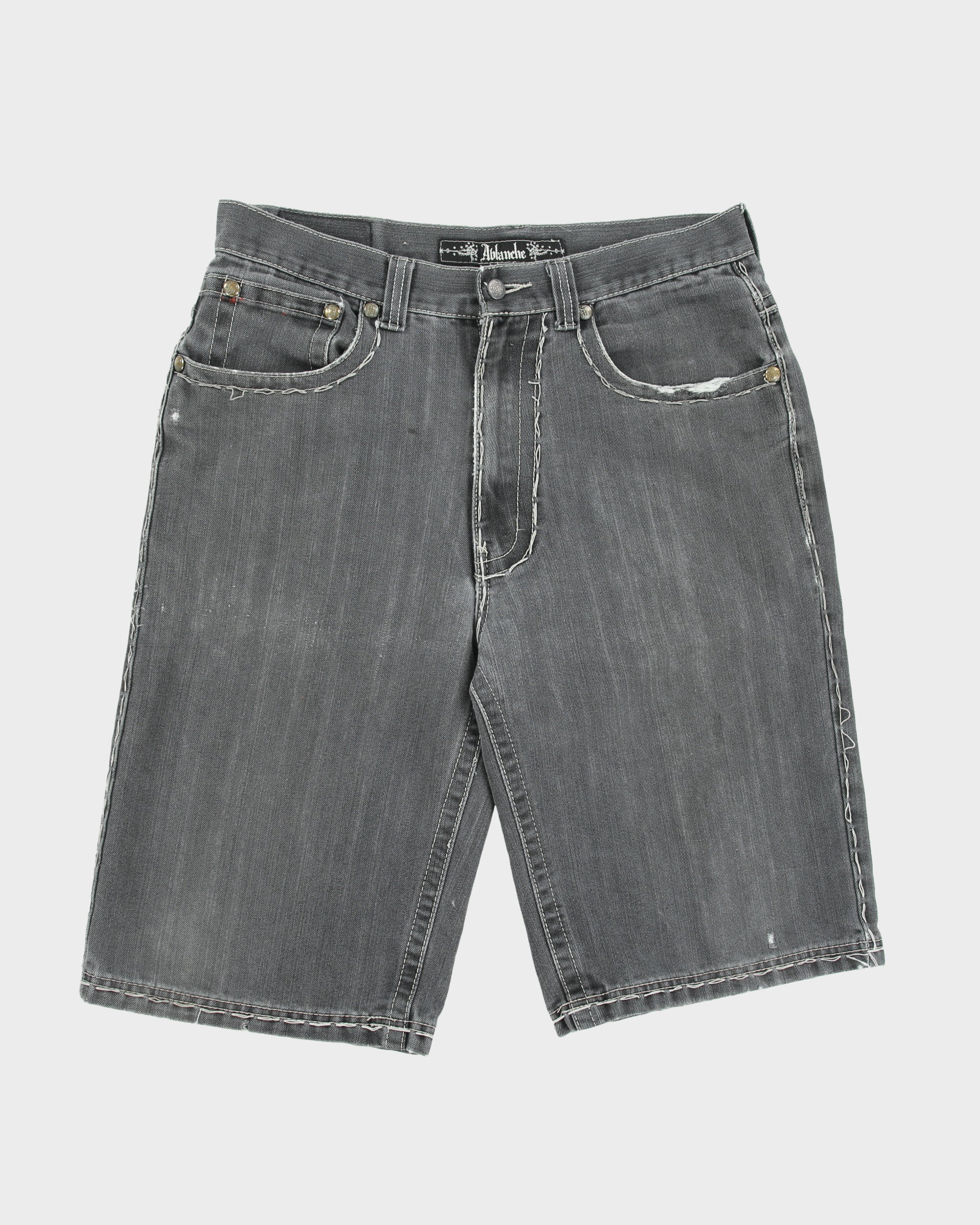 Vintage Y2K 00s Ablanche Contrast Stitch Distressed Denim Flap Pocket Relaxed Fit Wide Leg Jean Shorts - W36