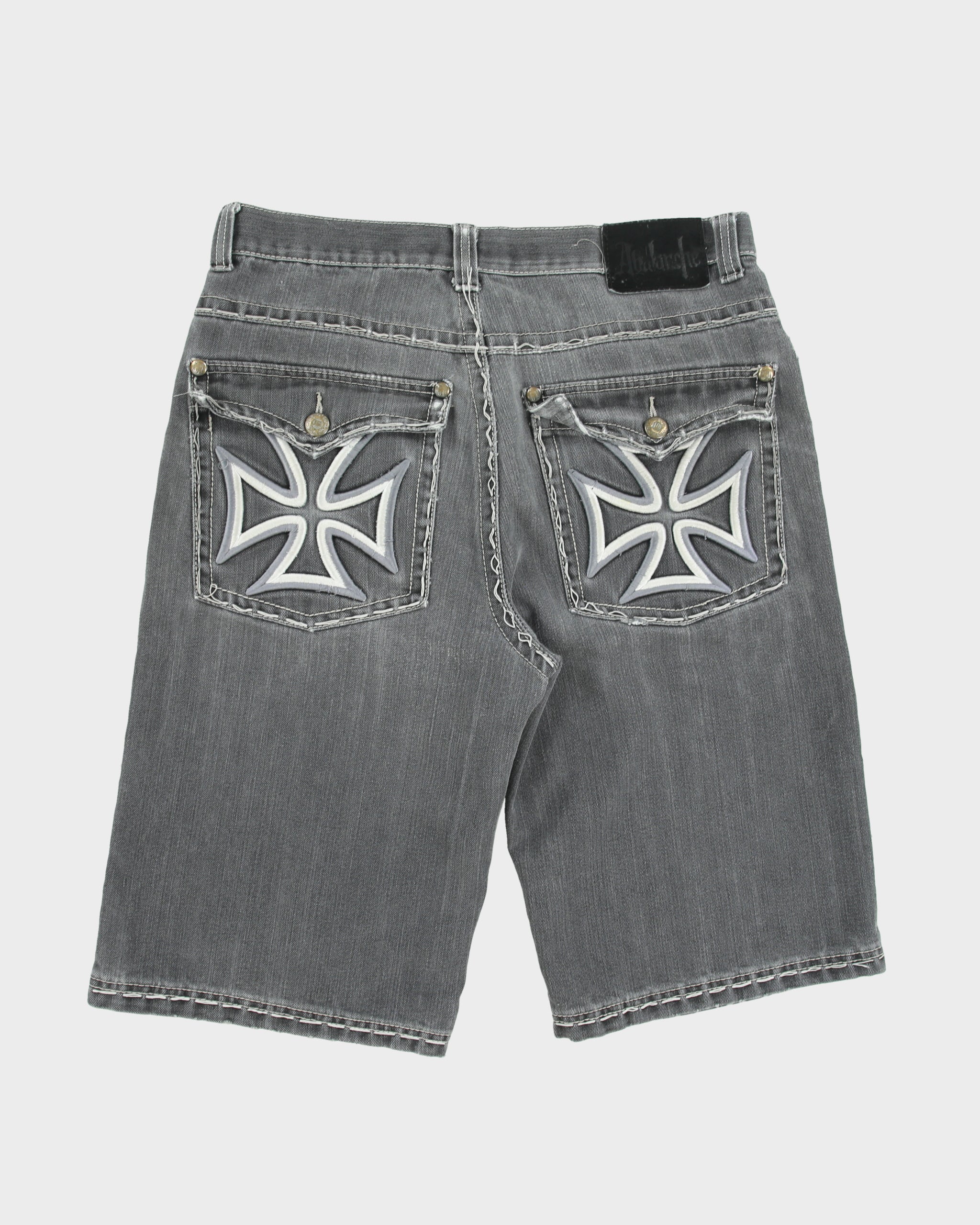 Vintage Y2K 00s Ablanche Contrast Stitch Distressed Denim Flap Pocket Relaxed Fit Wide Leg Jean Shorts - W36