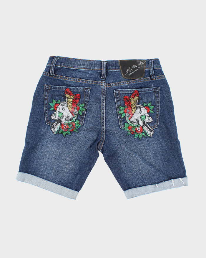 Vintage Y2K Ed Hardy Sequined Pocked Dark Wash Denim Shorts - W30 L9