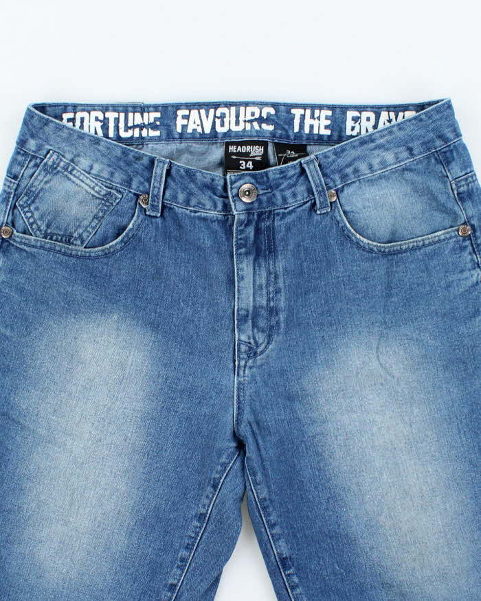 Vintage Y2K Headrush Gothic Embroidered Medium Wash Denim Shorts - W34 L11