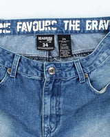 Vintage Y2K Headrush Gothic Embroidered Medium Wash Denim Shorts - W34 L11