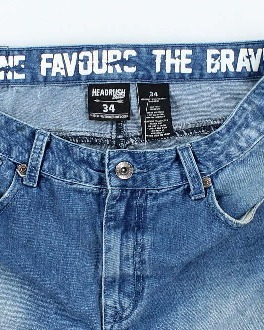 Vintage Y2K Headrush Gothic Embroidered Medium Wash Denim Shorts - W34 L11
