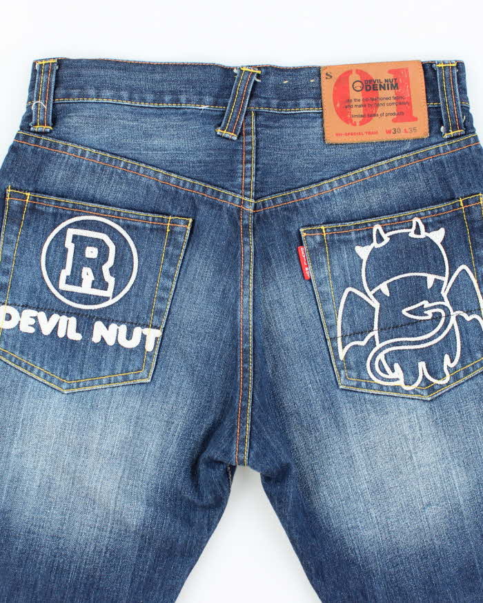 Vintage Devil Nut Embroidered Selvedge Dark Wash Denim Shorts - W30 L11
