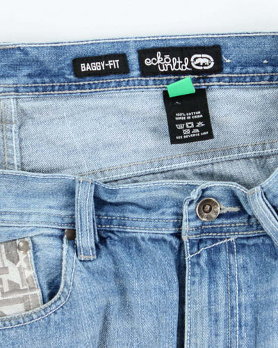 Vintage Y2K Ecko Untld Wide Leg Light Wash Embroidered Denim Shorts - W36 L13
