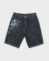 Vintage Y2K Paint Splatted Dark Wash Wide Leg Denim Shorts - W36 L12