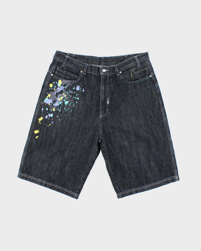 Vintage Y2K Paint Splatted Dark Wash Wide Leg Denim Shorts - W36 L12