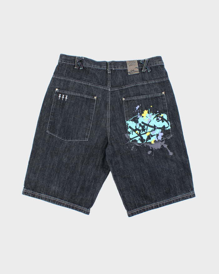Vintage Y2K Paint Splatted Dark Wash Wide Leg Denim Shorts - W36 L12