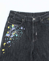 Vintage Y2K Paint Splatted Dark Wash Wide Leg Denim Shorts - W36 L12