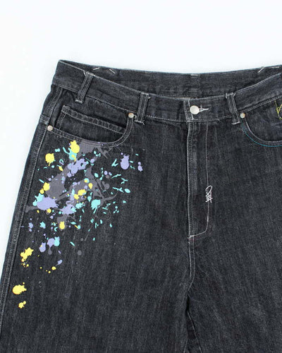 Vintage Y2K Paint Splatted Dark Wash Wide Leg Denim Shorts - W36 L12
