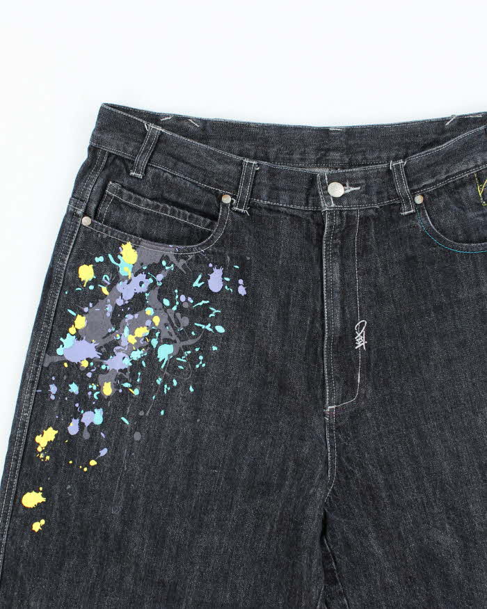 Vintage Y2K Paint Splatted Dark Wash Wide Leg Denim Shorts - W36 L12