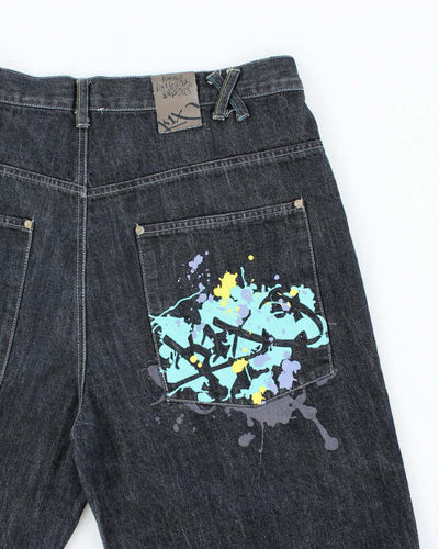 Vintage Y2K Paint Splatted Dark Wash Wide Leg Denim Shorts - W36 L12