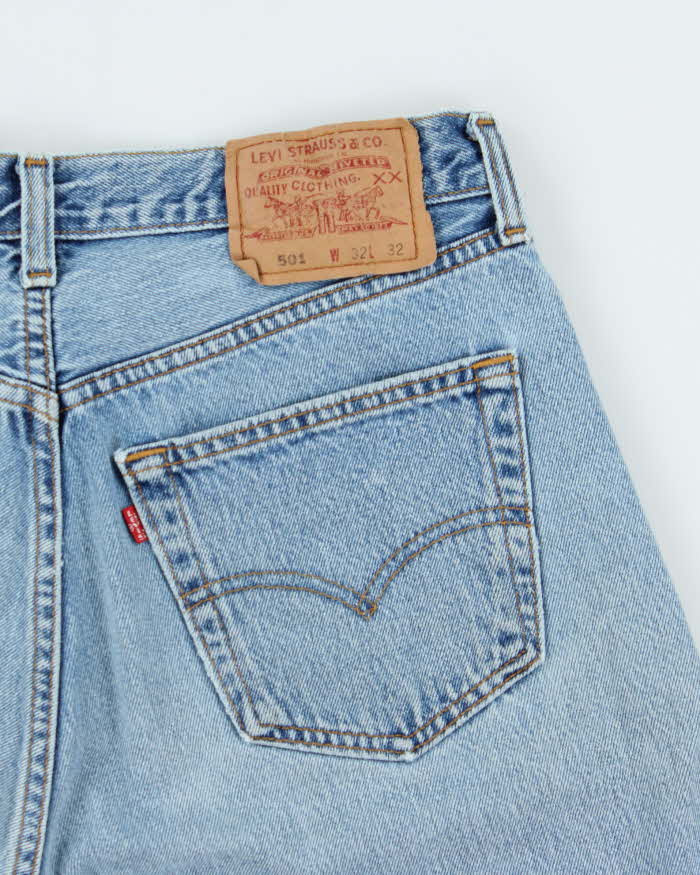 Vintage 1996 Levi's 501 Red Batwing Made In USA Light Wash Denim Shorts - W32