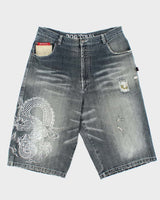 Vintage Y2K 00s Dog Town Black Dragon Japan Embroidered Baggy Fit Distressed Denim Shorts - W36