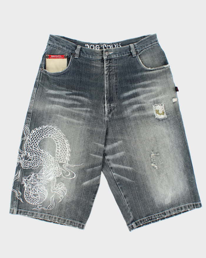 Vintage Y2K 00s Dog Town Black Dragon Japan Embroidered Baggy Fit Distressed Denim Shorts - W36