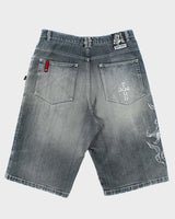Vintage Y2K 00s Dog Town Black Dragon Japan Embroidered Baggy Fit Distressed Denim Shorts - W36