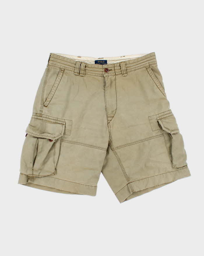 Vintage Polo Ralph Lauren Khaki Distressed Loose Fit Classic Canvas Chino Cargo Shorts - W34