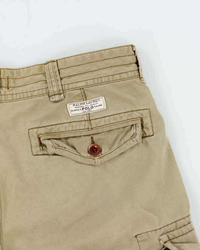 Vintage Polo Ralph Lauren Khaki Distressed Loose Fit Classic Canvas Chino Cargo Shorts - W34