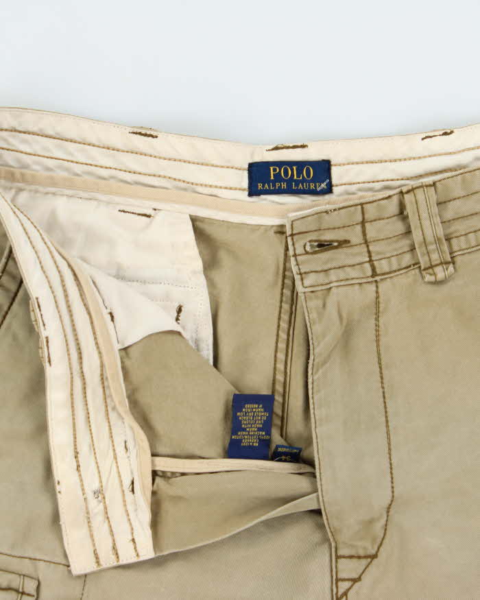 Vintage Polo Ralph Lauren Khaki Distressed Loose Fit Classic Canvas Chino Cargo Shorts - W34