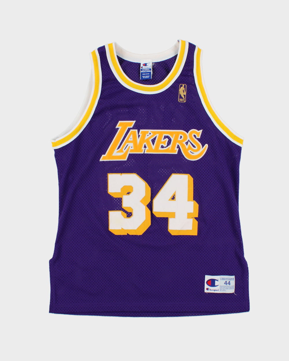 Vintage 1996-97 Champion LA Lakers Shaquille O'Neal #34 NBA Stitched Mesh Made In USA Home Jersey - L