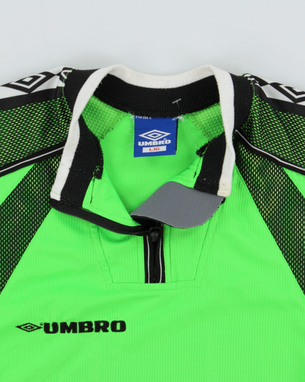 Vintage 1990s Umbro Volt Green Zip Collar Padded Long Sleeve Football Goalkeeper Shirt - L